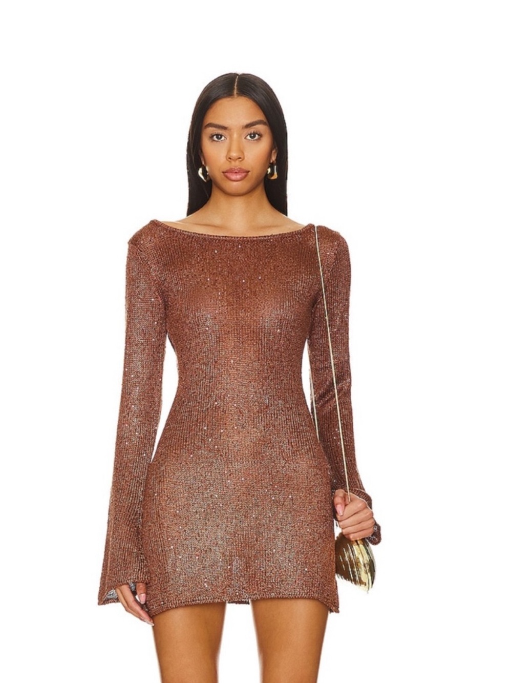 Long-Sleeve Metallic Knit Mini Dress - Brown